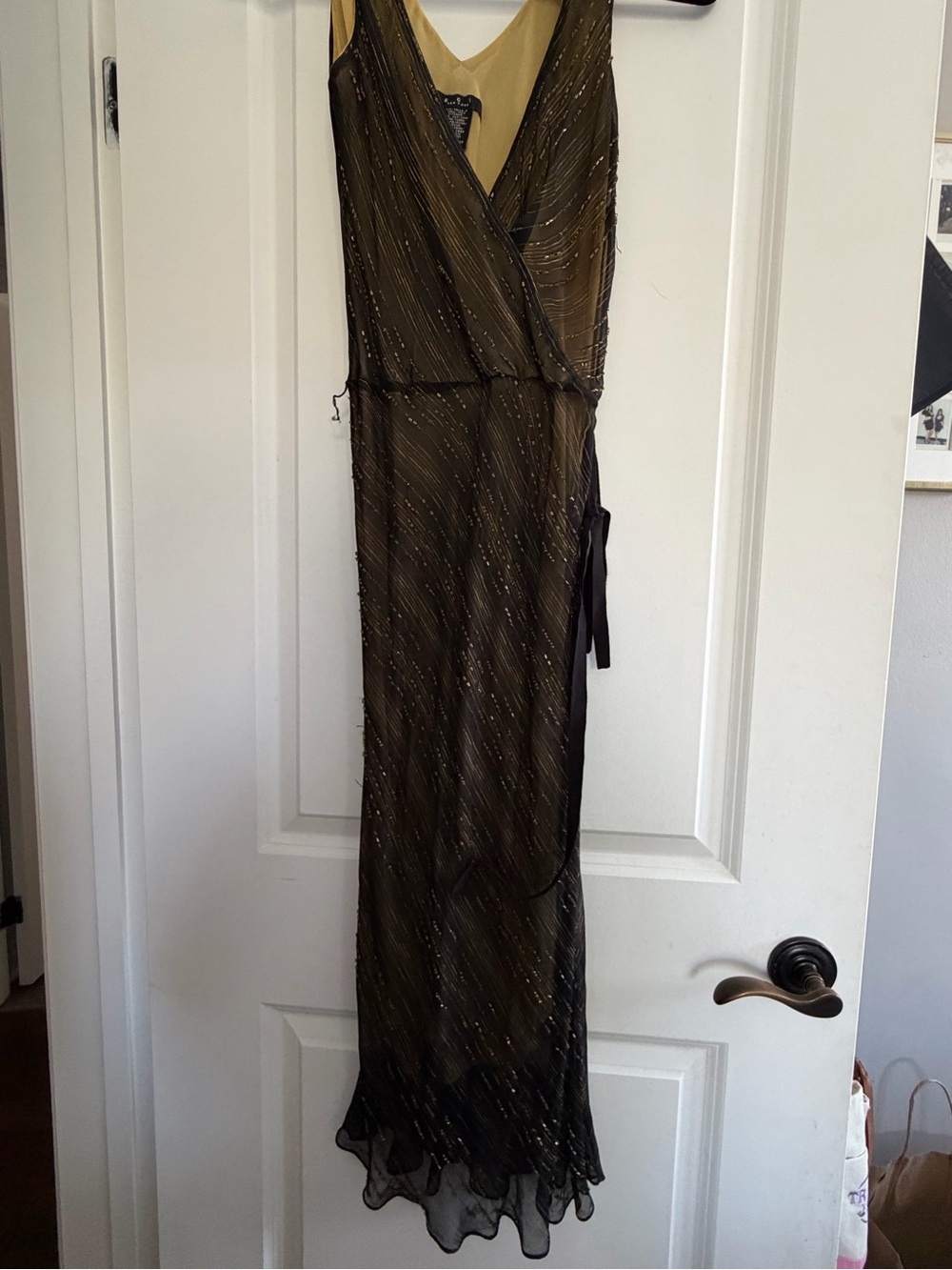 ECI Olive Black Beaded Wrap Maxi Dress
